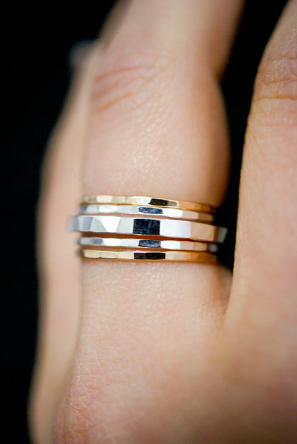 Thick Square Set of 5 Stacking Rings, Sterling Silver or Mixed Metal