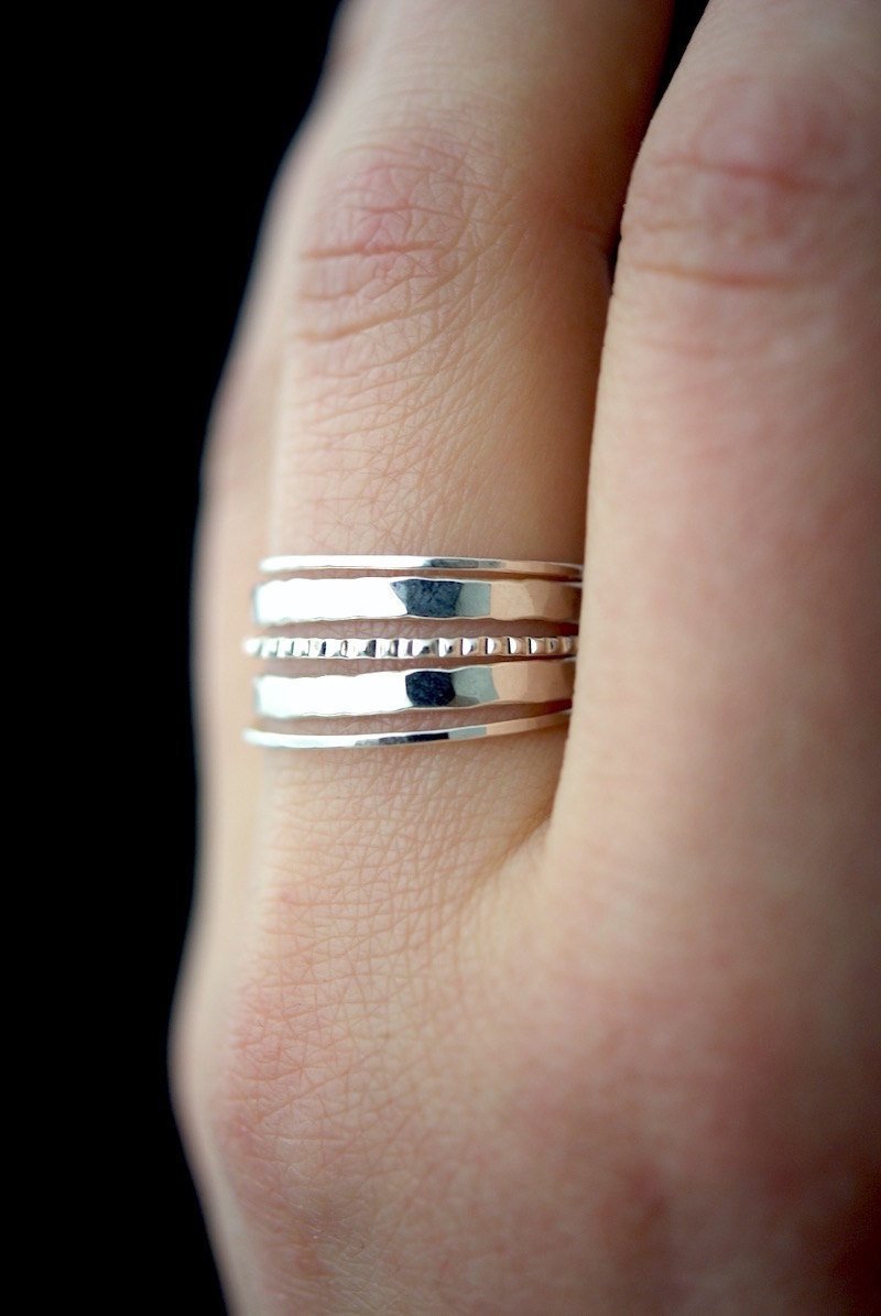 Extra Thick & Ultra Thin Lined Set of 5 Stacking Rings, Gold Fill, Rose Gold Fill or Sterling Silver