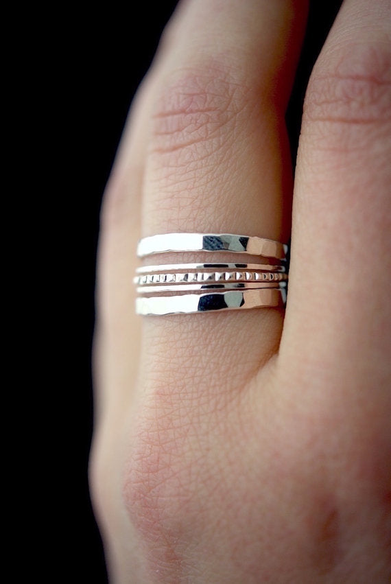 Extra Thick & Ultra Thin Lined Set of 5 Stacking Rings, Gold Fill, Rose Gold Fill or Sterling Silver