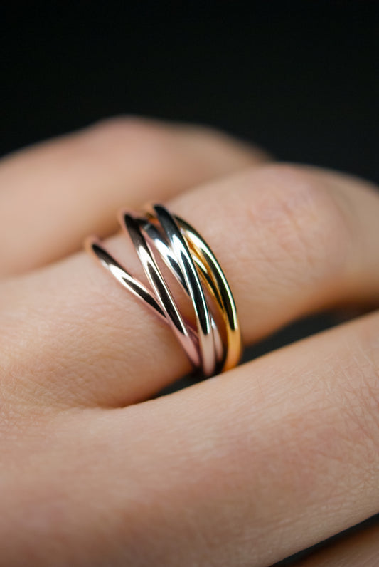 Thin Interlocking Set of 6 Rings, Mixed Metals