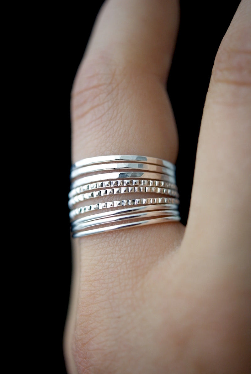 Lined Set of 9 Stacking Rings, Gold Fill, Rose Gold Fill or Sterling Silver