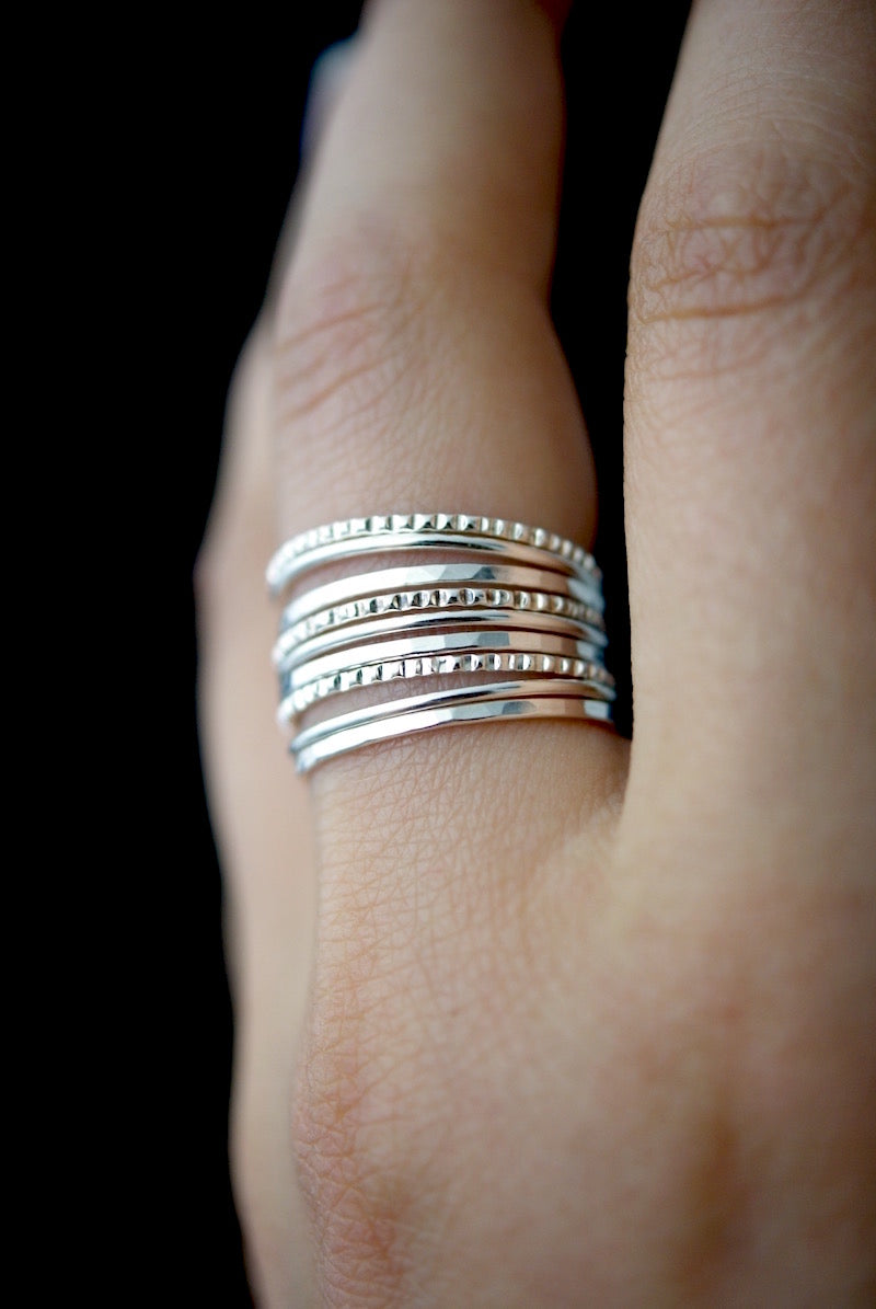 Lined Set of 9 Stacking Rings, Gold Fill, Rose Gold Fill or Sterling Silver