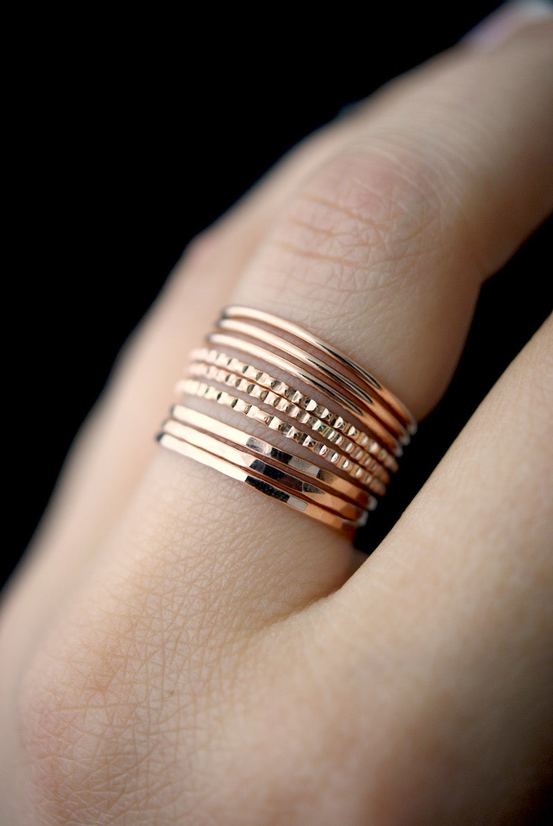 Lined Set of 9 Stacking Rings, Gold Fill, Rose Gold Fill or Sterling Silver