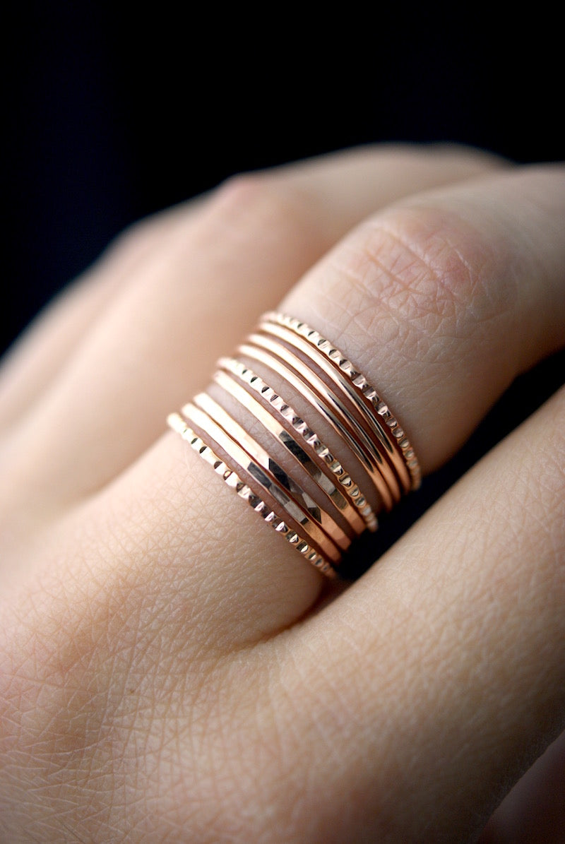 Lined Set of 9 Stacking Rings, Gold Fill, Rose Gold Fill or Sterling Silver