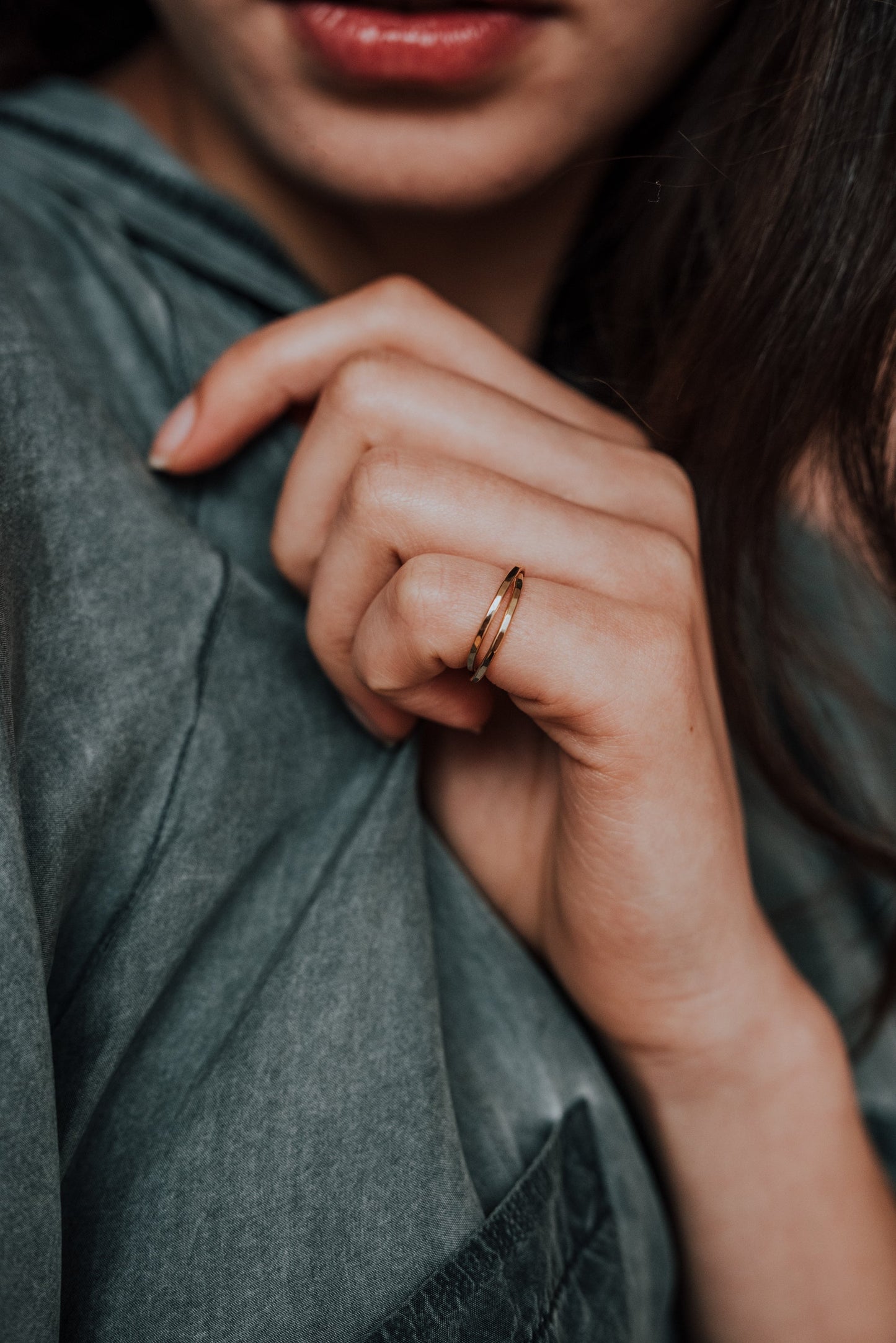 Thin Interlocking Set of 2 Rings, Solid 14K Gold