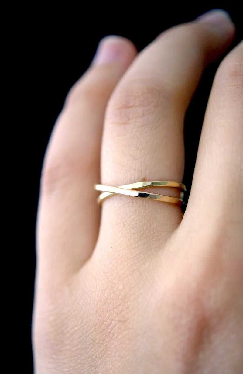 Thin Interlocking Set of 2 Rings, Solid 14K Gold