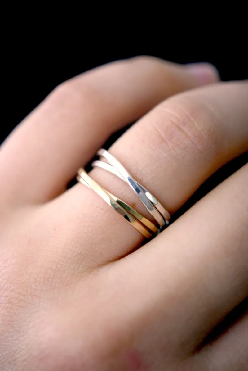 Thin Interlocking Set of 2 Rings, Solid 14K Gold