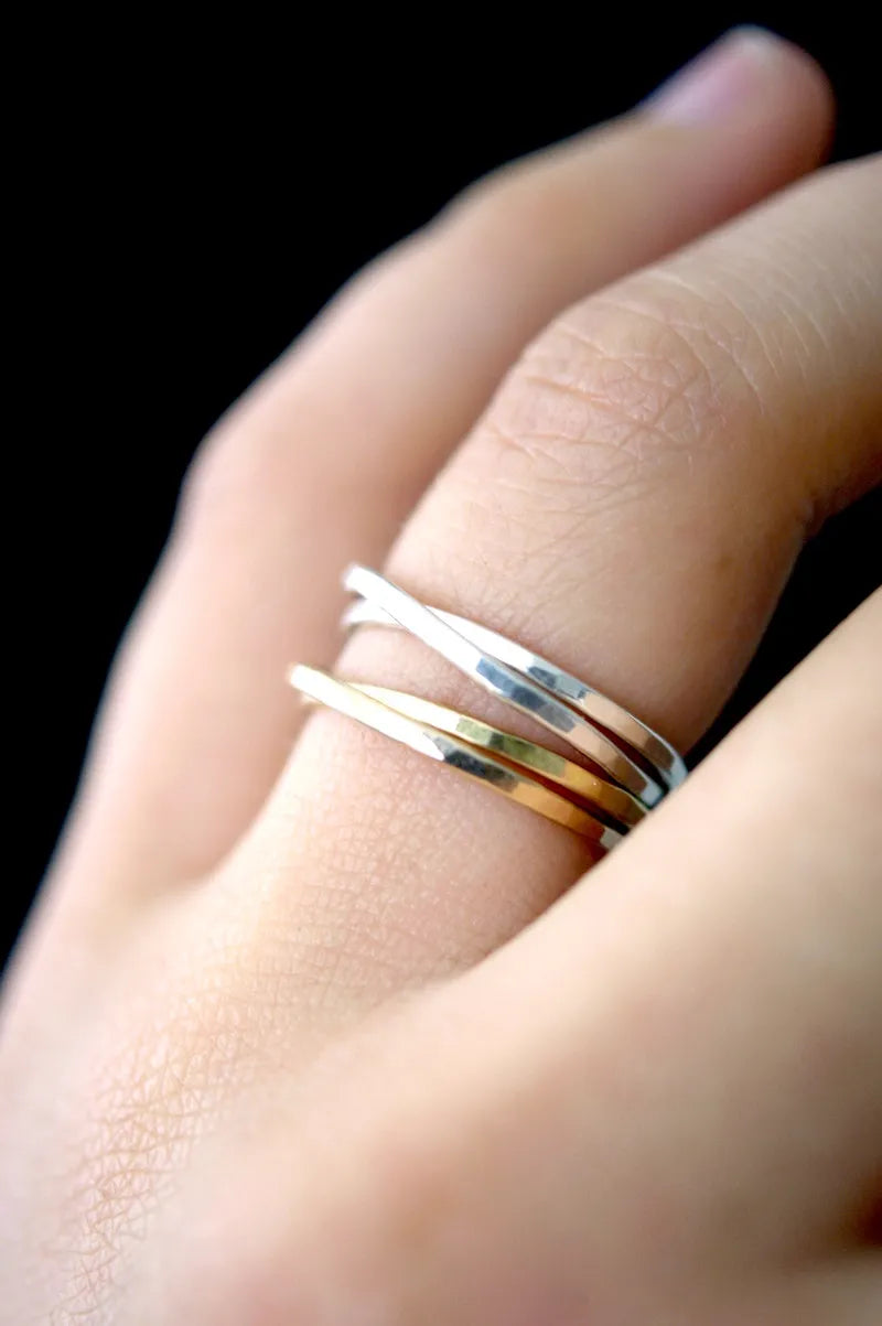 Thin Interlocking Set of 2 Rings, Solid 14K Gold