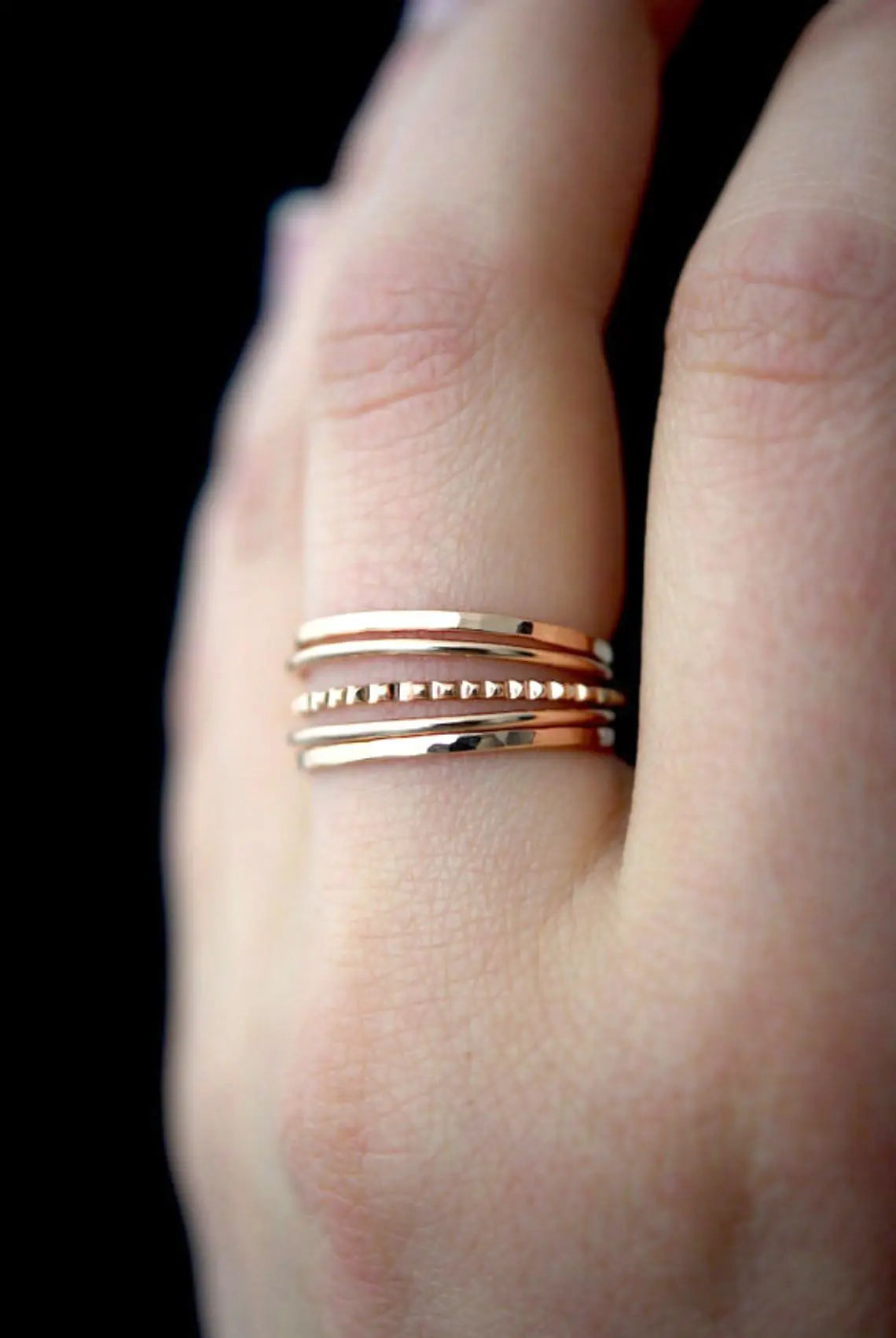 Medium Thick Lined Set of 5 Stacking Rings, Solid 14K Gold or Rose Gold