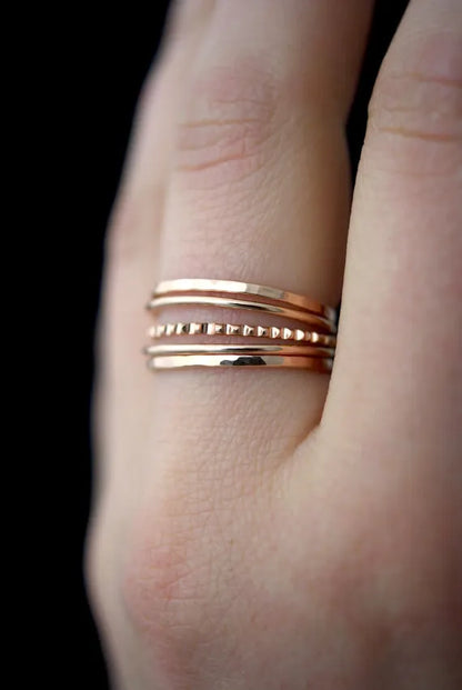 Medium Thick Lined Set of 5 Stacking Rings, Solid 14K Gold or Rose Gold