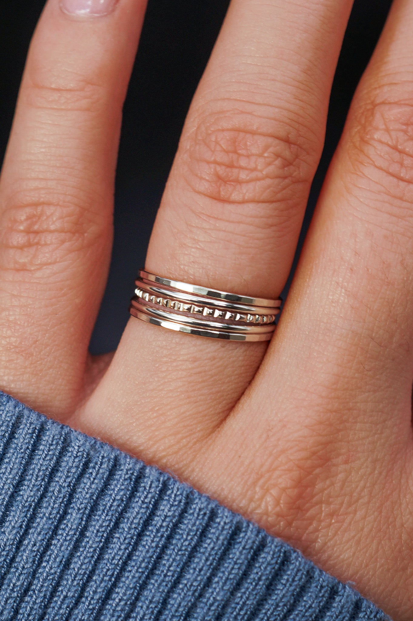 The Classic Lined Set of 5 Stacking Rings, Gold Fill, Rose Gold Fill or Sterling Silver