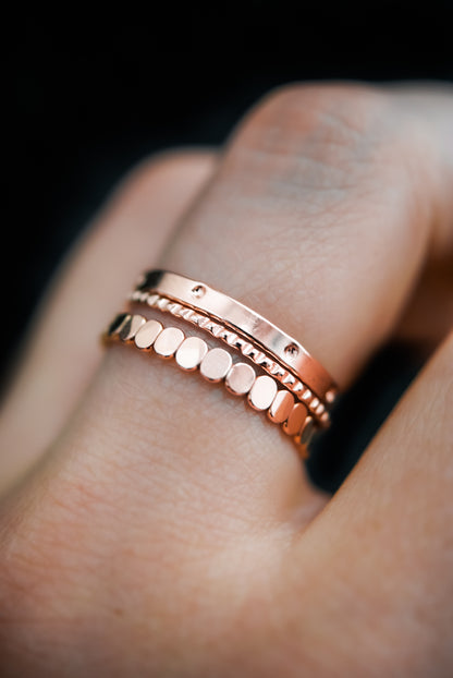 STACKED RING SET. THICK BEAD RING. 2MM. MOON RING. TEXTURED SET. LINED RING. 1MM. NOTCHED TEXTURE. EXTRA THICK DOT RING. DOTTED RING. CIRCLES. 2MM. GOLD ROSE OR SILVER.