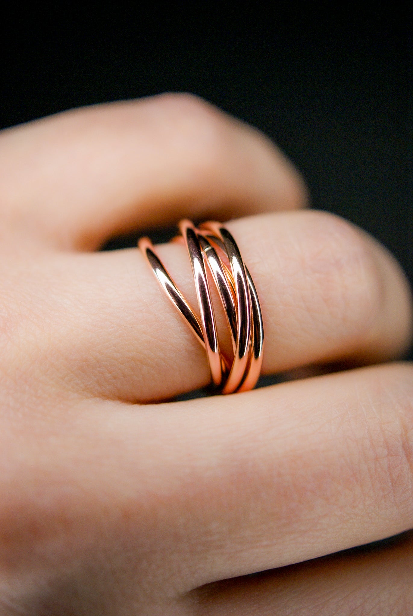 Thin Interlocking Set of 6 Rings, Solid 14K Rose Gold