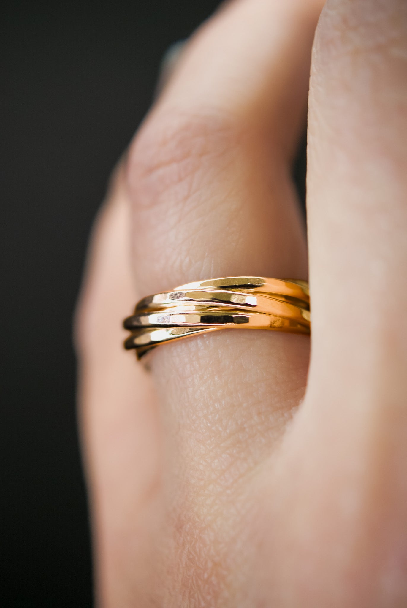 Thin Interlocking Set of 6 Rings, Solid 14K Gold