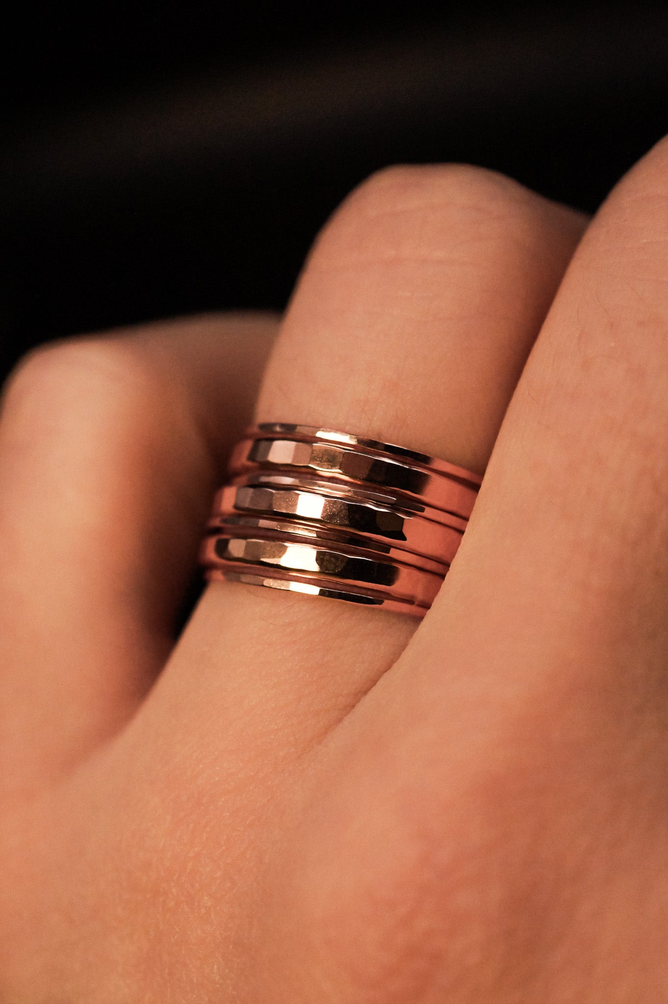 Hammered Thick & Thin Set of 7 Stacking Rings, Gold Fill, Rose Gold Fill or Sterling Silver
