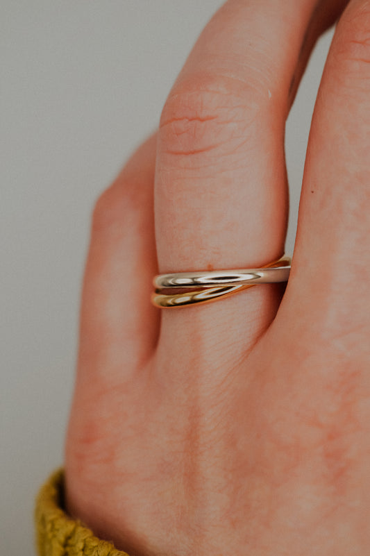 Thick Interlocking Set of 2 Rings, Sterling Silver & Gold Fill