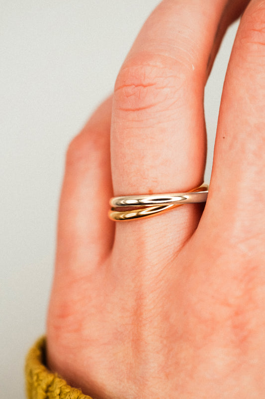 Thick Interlocking Set of 2 Rings, Sterling Silver & Gold Fill