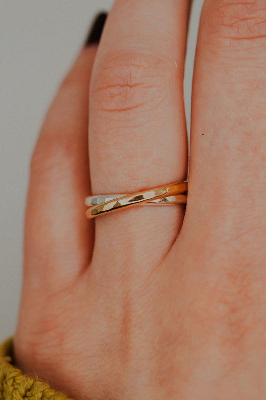 Thick Interlocking Set of 2 Rings, Sterling Silver & Gold Fill