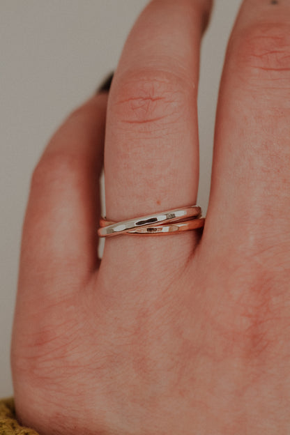 Thick Interlocking Set of 2 Rings, Sterling Silver & Rose Gold Fill