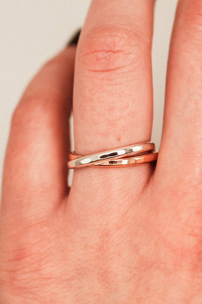 Thick Interlocking Set of 2 Rings, Sterling Silver & Rose Gold Fill