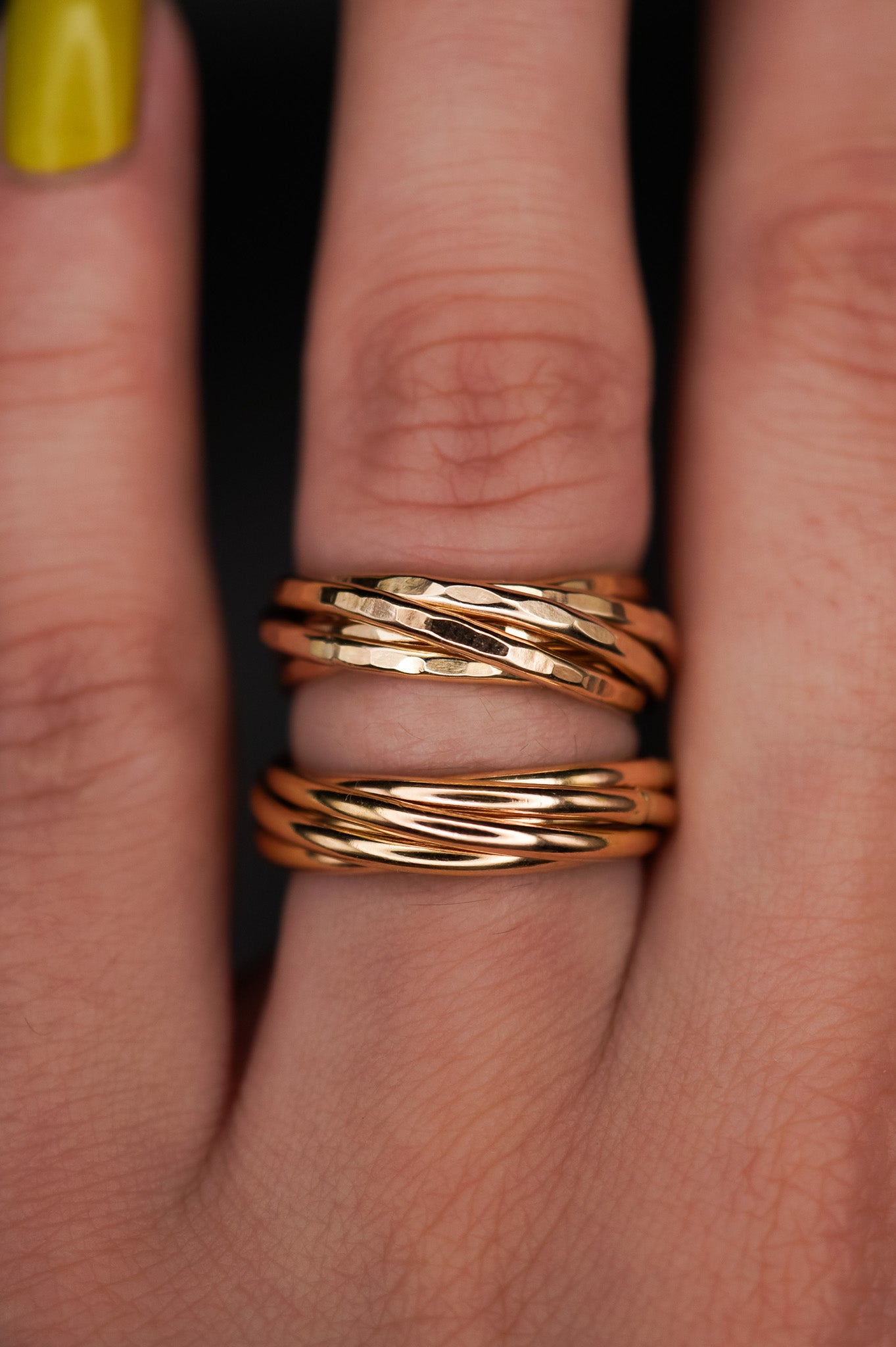 Thin Interlocking Set of 6 Rings, Solid 14K Gold