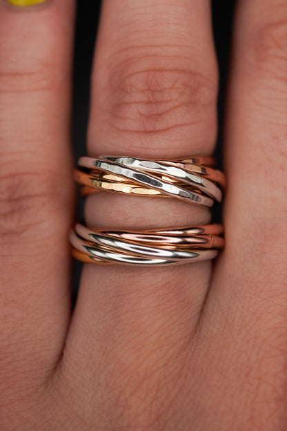 Thin Interlocking Set of 6 Rings, Solid Mixed Metals