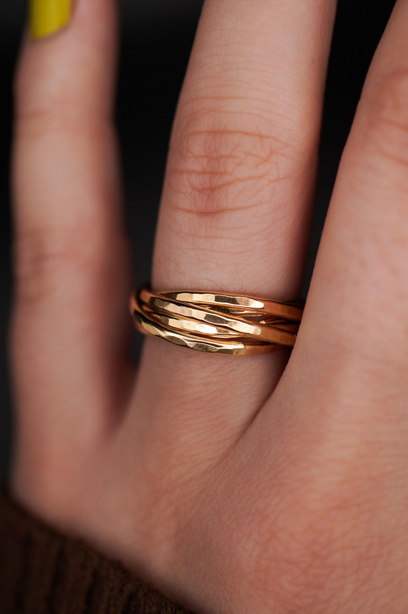 Thin Interlocking Set of 6 Rings, Solid 14K Gold