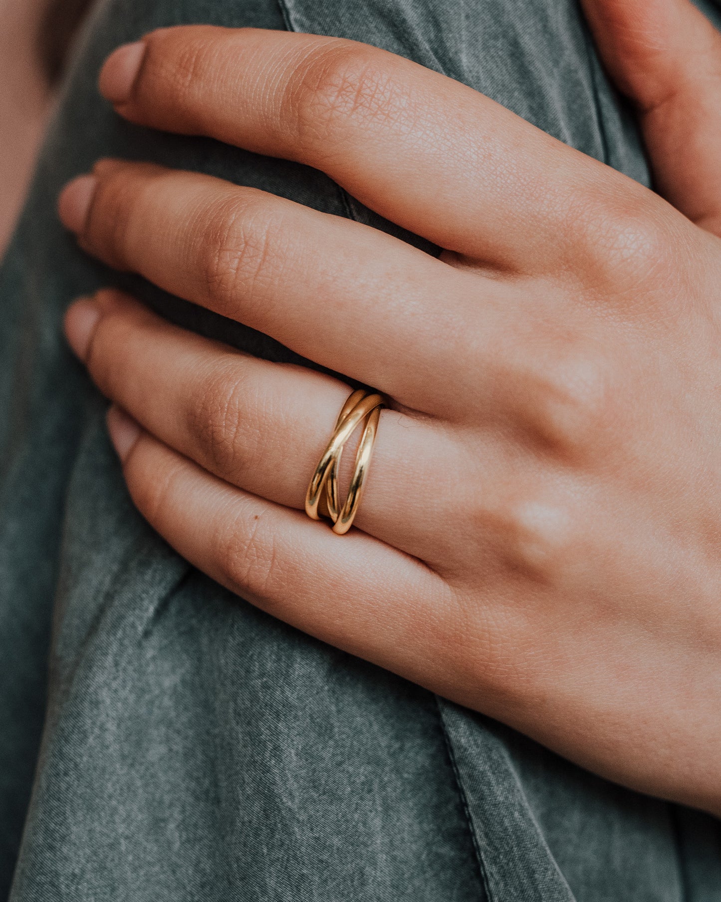 Thick Interlocking Set of 3 Rings, Solid 14K Gold