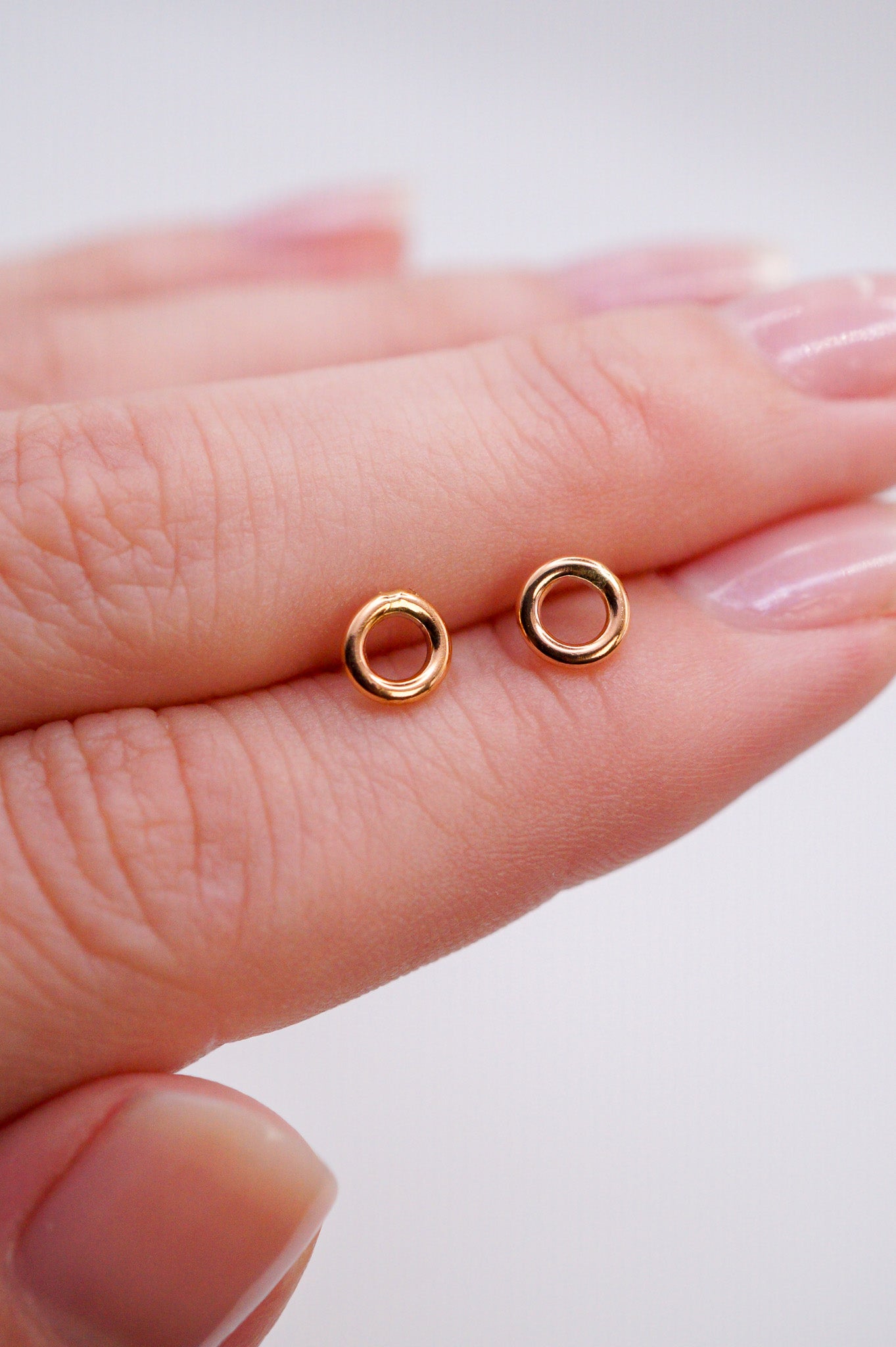 Mini Open Circle Flat Back Stud Earring, Solid Gold or Rose Gold