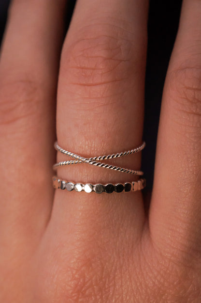 Twisted X & Mini Bead Set of 2 Stacking Rings, Gold Fill, Rose Gold Fill or Sterling Silver