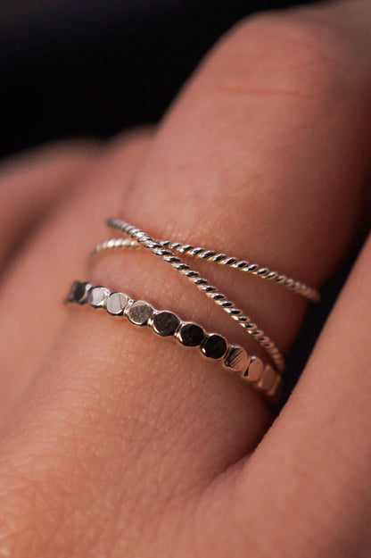 Twisted X & Mini Bead Set of 2 Stacking Rings, Gold Fill, Rose Gold Fill or Sterling Silver