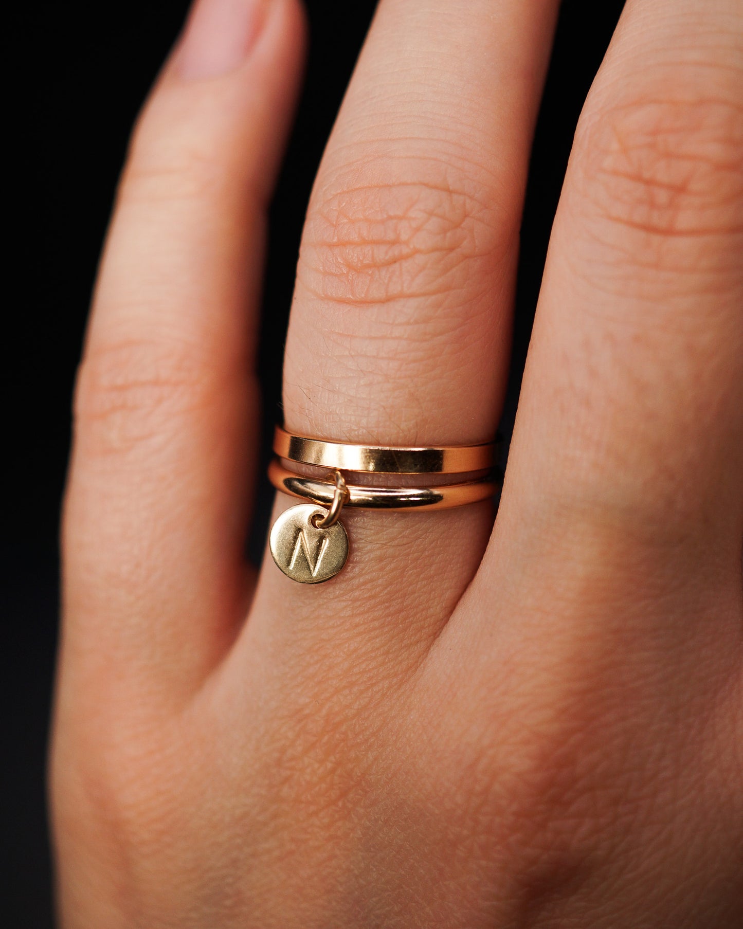 Monogram Charm Set of 2 Stacking Rings, Gold Fill