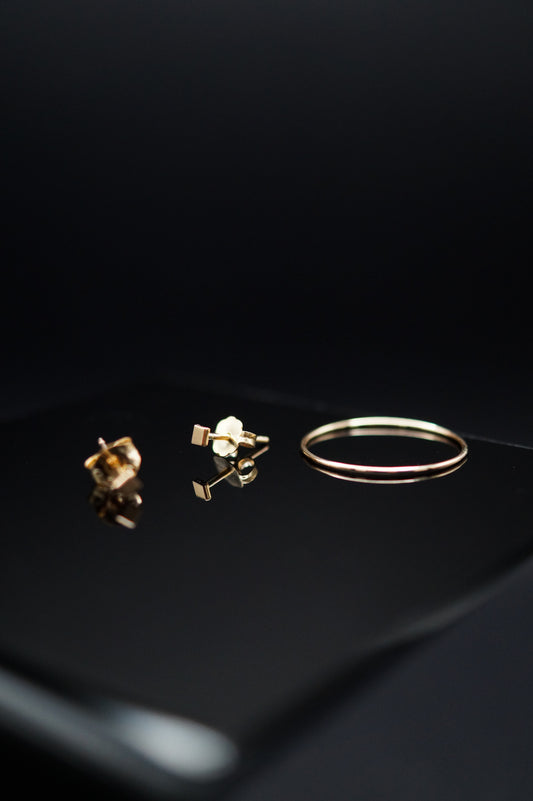 Ultra Thin Ring and Square Mirror Stud Set in 14K Gold Fill, Rose Gold Fill or Sterling Silver