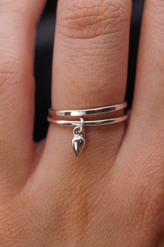 Teardrop Charm Set of 2 Stacking Rings, Sterling Silver