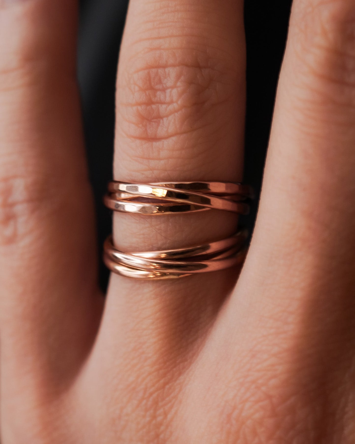 Thin Interlocking Set of 3 Rings, Solid 14K Rose Gold