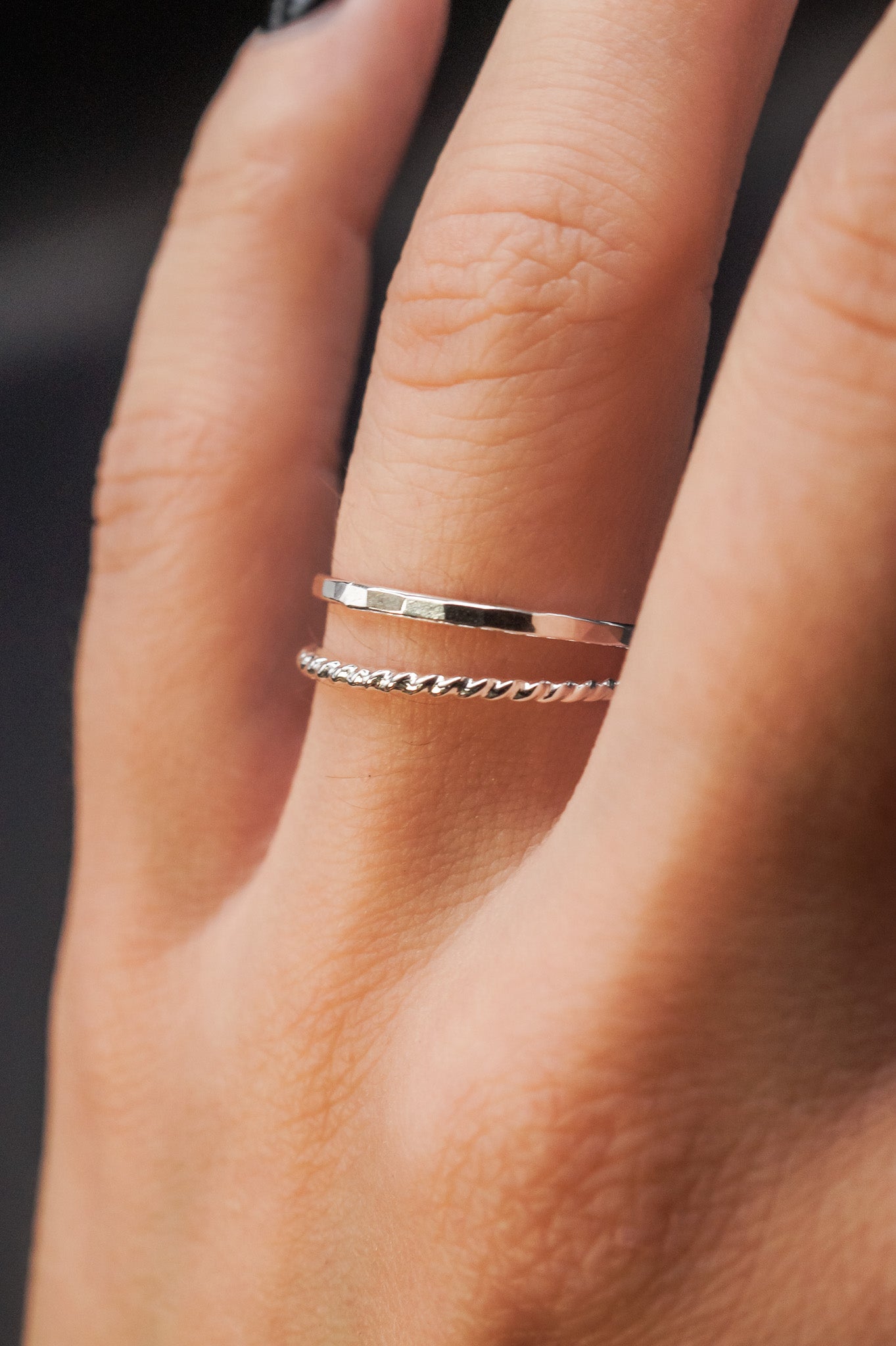 Textured 14k Gold and Sterling Silver Stacked Ring Set