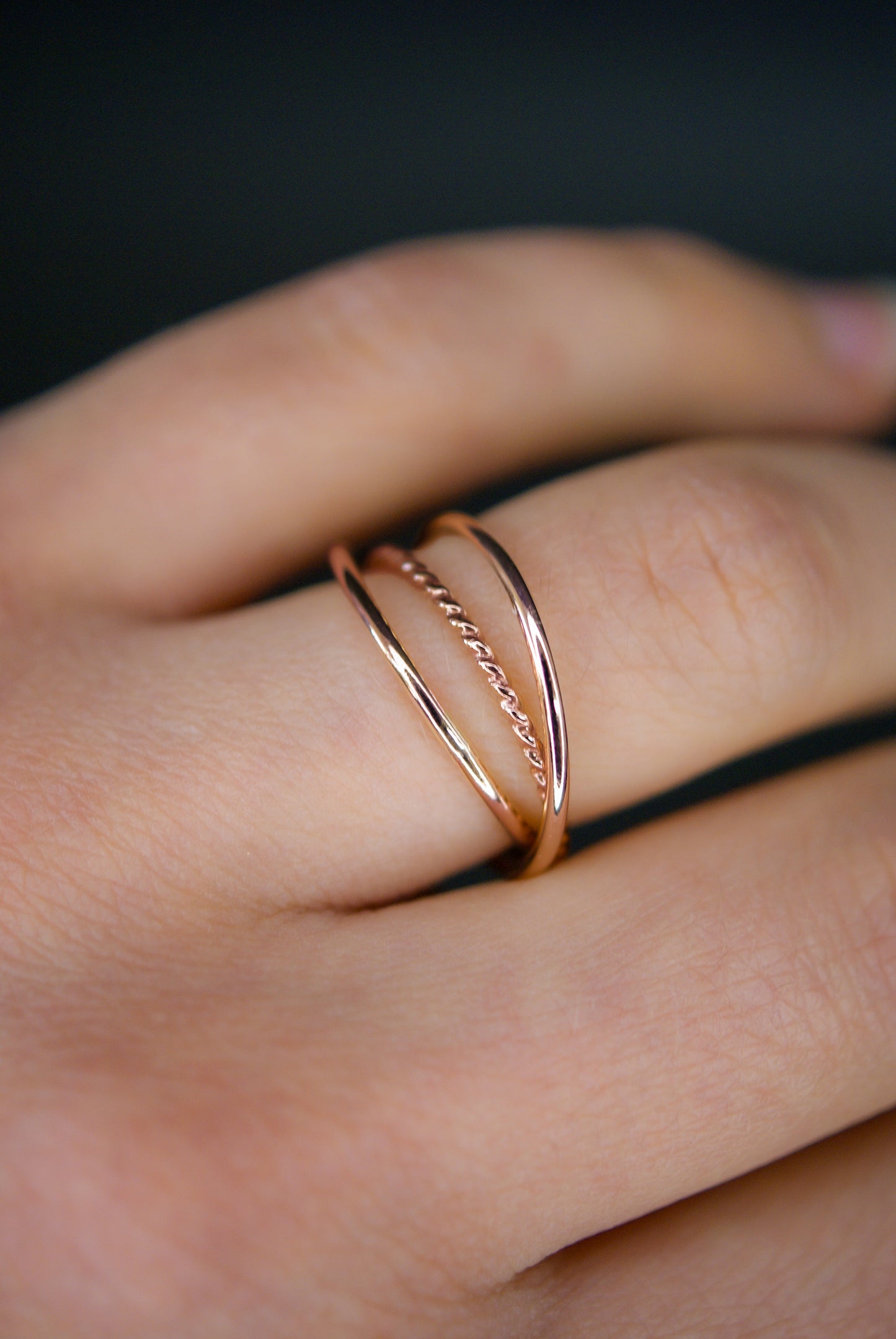 Twist Interlocking Set of 3 Rings, Solid 14K Rose Gold