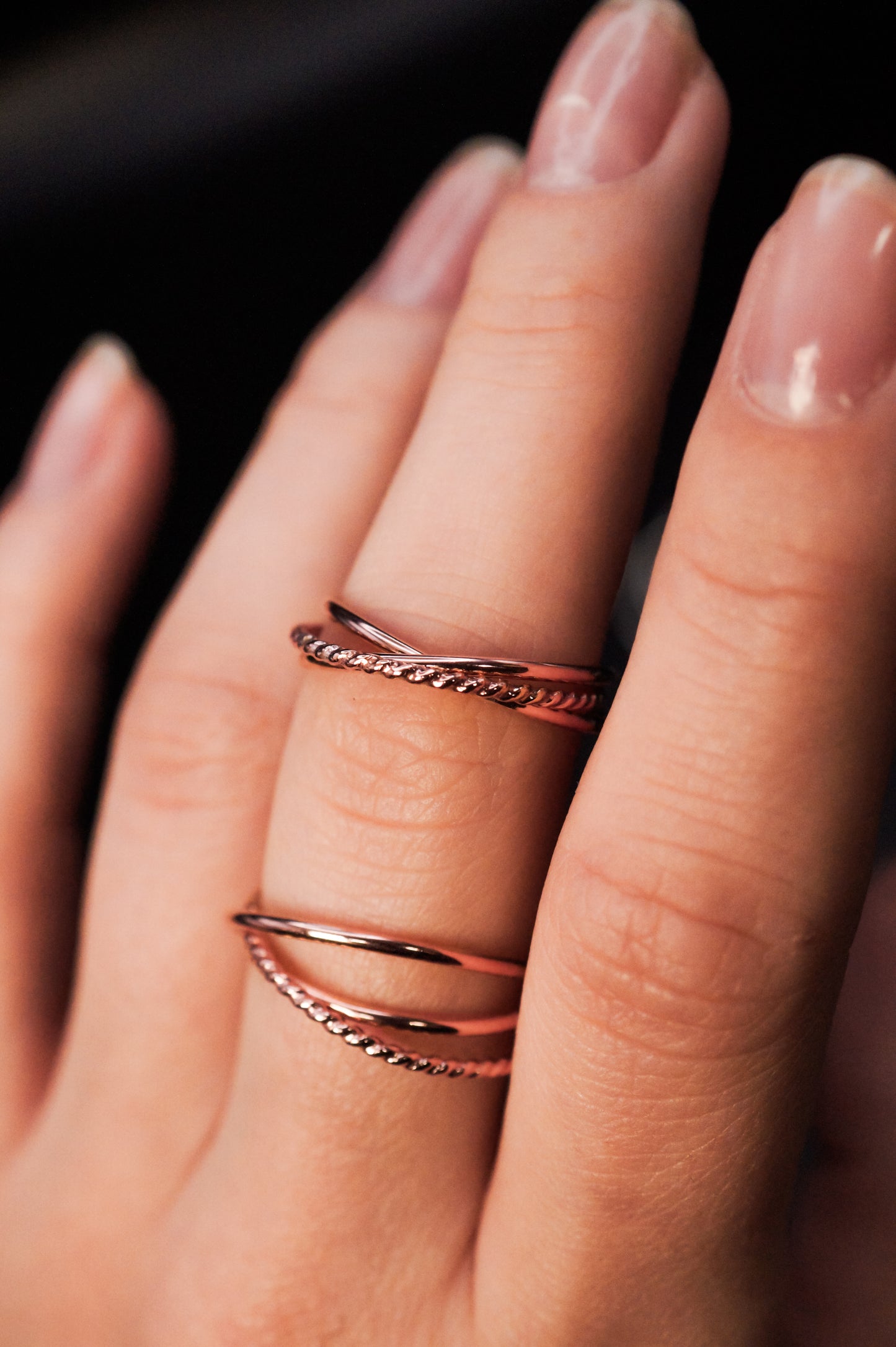 Twist Interlocking Set of 3 Rings, Solid 14K Rose Gold