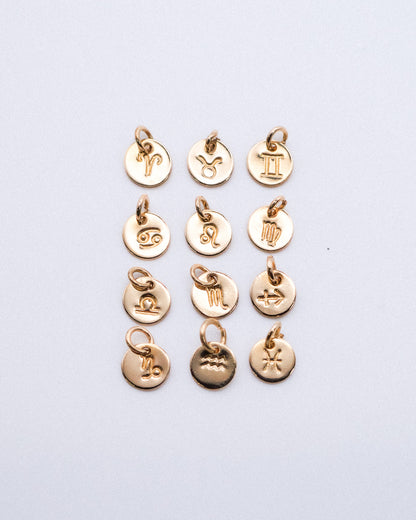 Tiny Zodiac Circle Charm, Solid 14K Gold