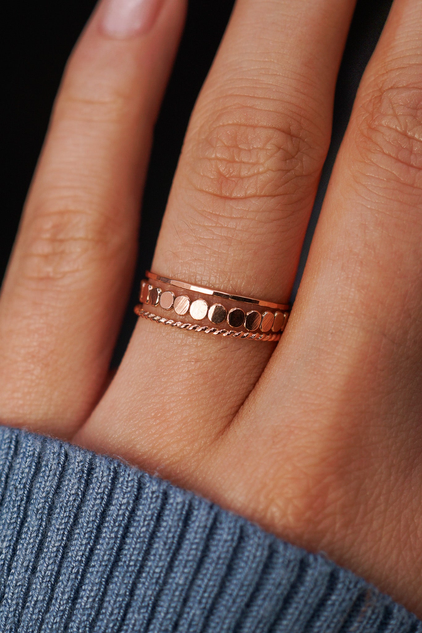 Bead & Twist Mixed Texture Set of 3 Stacking Rings, Gold Fill, Rose Gold Fill or Sterling Silver