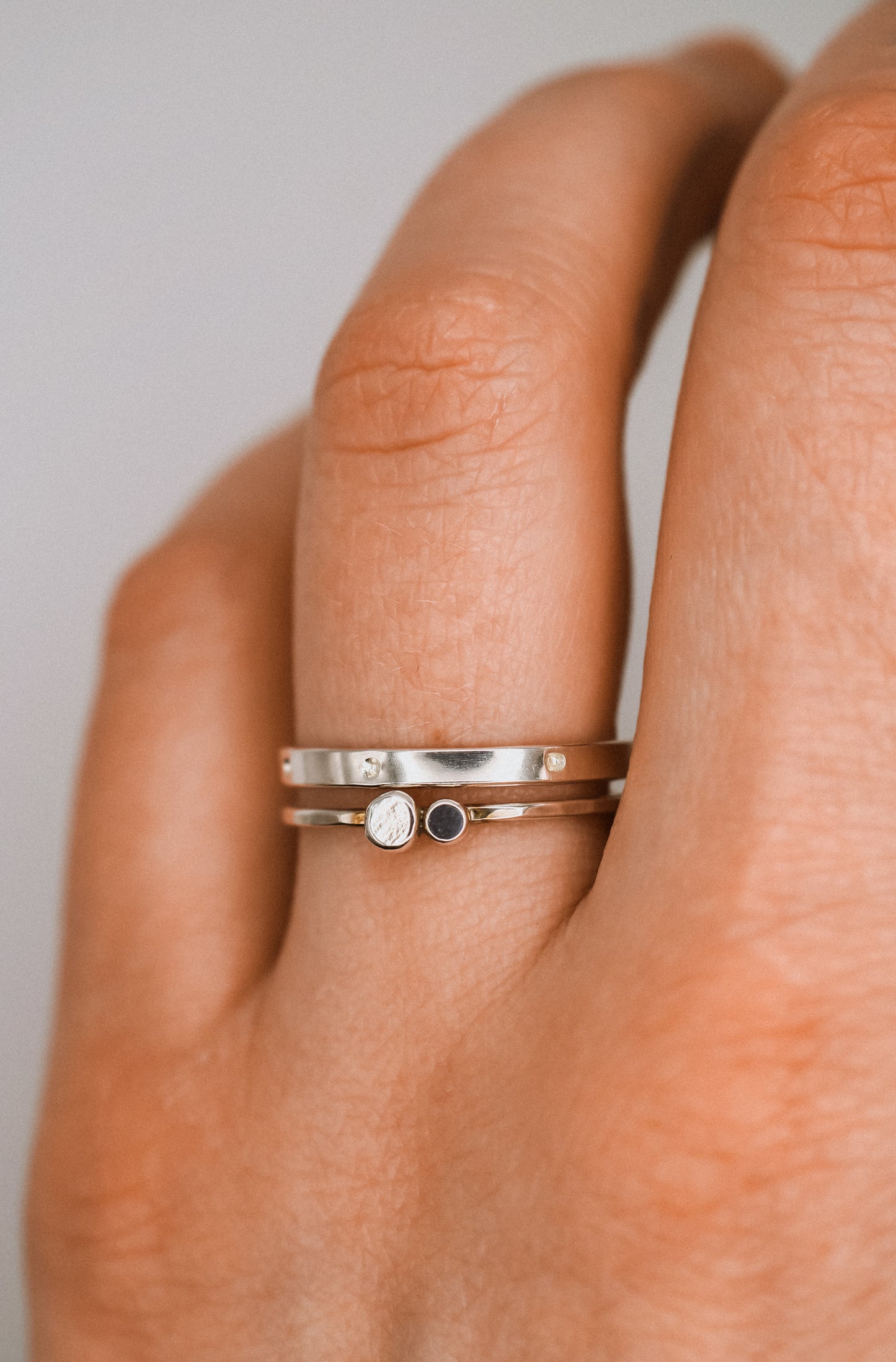 Double Pebble & Dotted Ring Set of 2, Sterling Silver