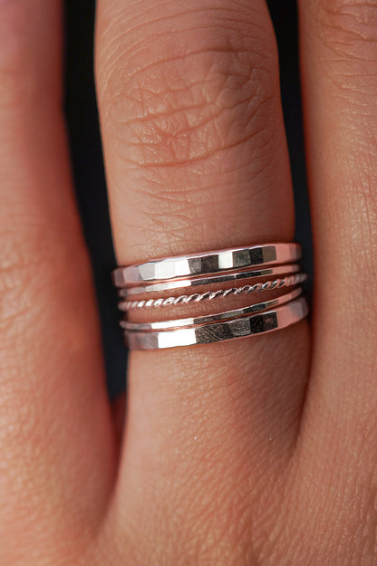 The Ultimate Twist Set of 5 Stacking Rings, Gold Fill, Rose Gold Fill or Sterling Silver