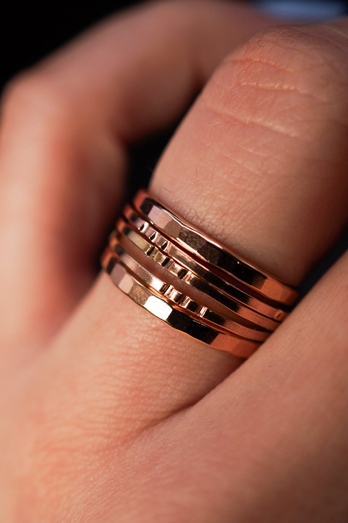 Square Lined Set of 5 Stacking Rings, Gold Fill, Rose Gold Fill or 