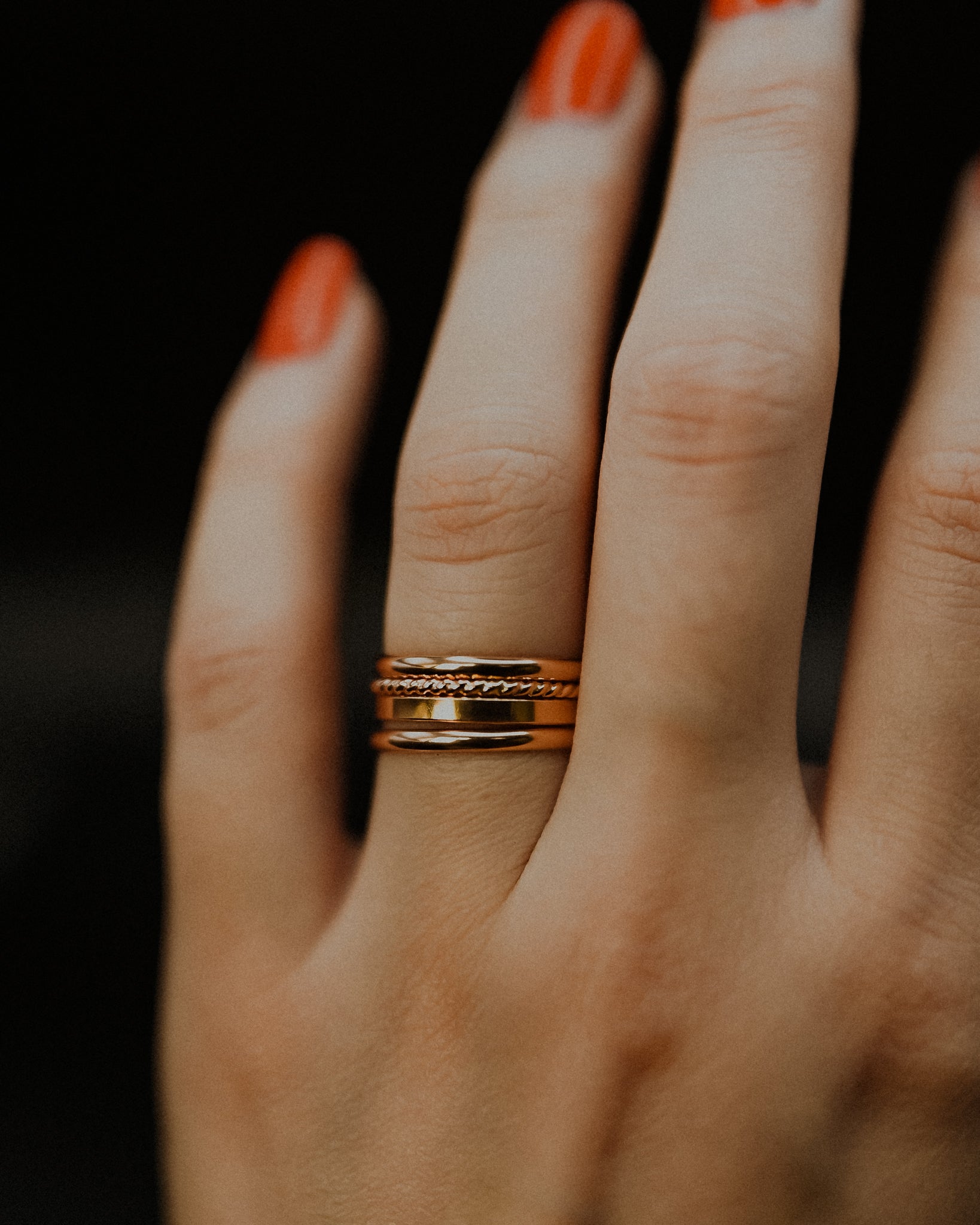 Mirrored Extra Thick Set of 4 Stacking Rings, Gold Fill, Rose Gold