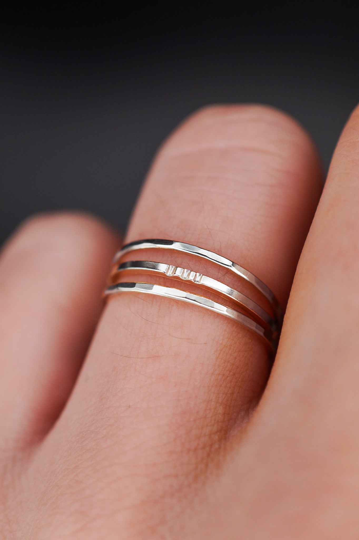 Hammered Square Lined Set Of 3 Stacking Rings, Gold Fill, Rose Gold Fill or Sterling Silver