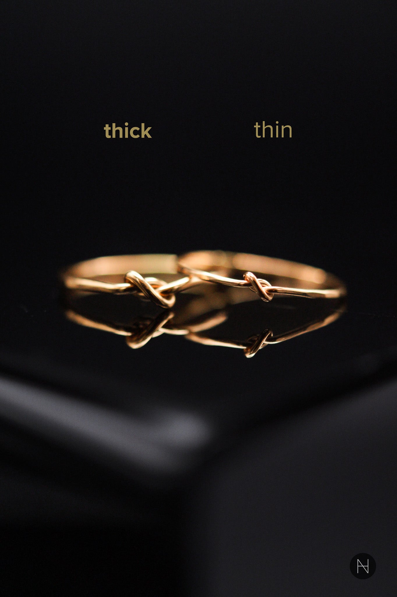 Thick and thin knot ring comparison side by side in 14k Gold Fill.