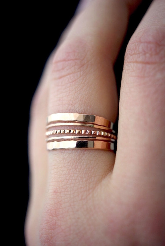 Extra Thick & Ultra Thin Lined Set of 5 Stacking Rings, Gold Fill, Rose Gold Fill or Sterling Silver