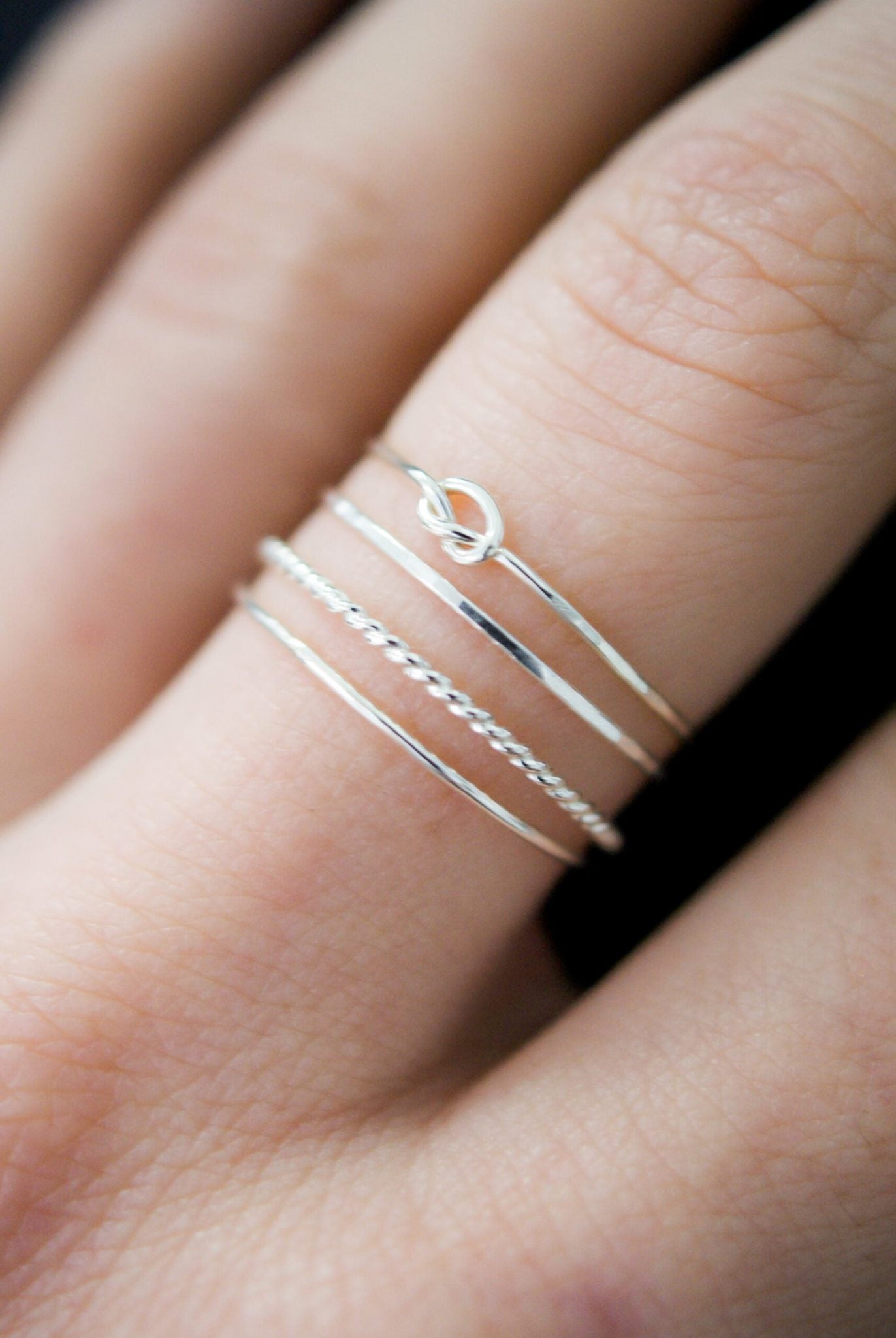 Open Knot & Twist Mixed Texture Set of 4 Stacking Rings, Gold Fill, Rose Gold Fill or Sterling Silver