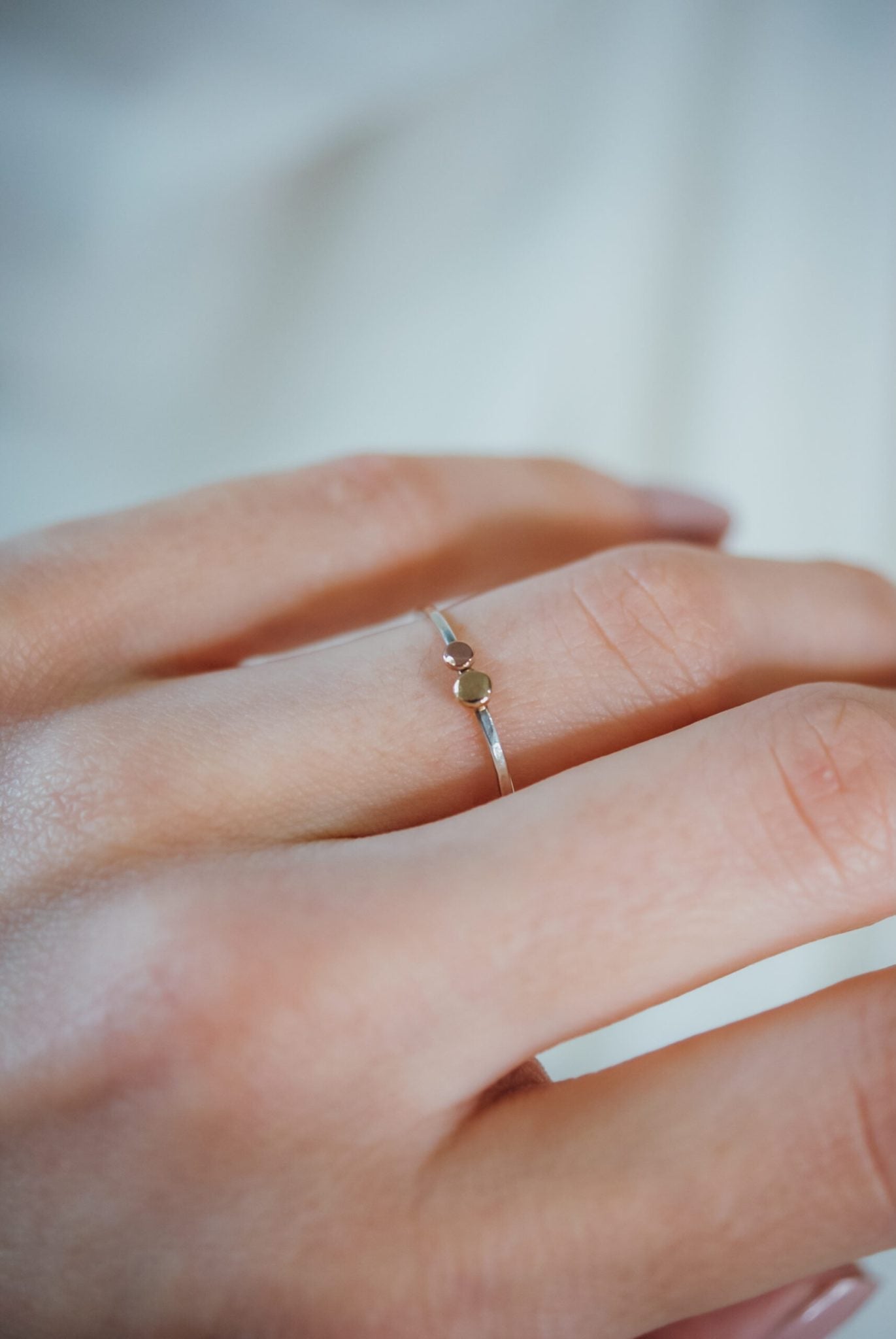 Double Pebble Ring, Solid 14K Gold & Rose Gold on a Silver Band