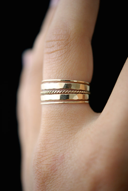 Extra Thick & Ultra Thin Twist Set of 5 Stacking Rings, Gold Fill, Rose Gold Fill or Sterling Silver